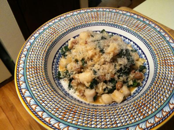 Home cooking: risotto of bay scallops, Italian sausage and cavolo nero. Dang delicious.