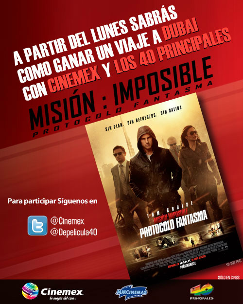 Cinemex (@cinemex) on Twitter photo El lunes sabrás como ganar un viaje a Dubai con <a href="/Cinemex/">Cinemex</a> y <a href="/los40mx/">LOS40 México®</a> al disfrutar <a href="/MisionImposibMX/">MISIÓN: IMPOSIBLE</a> → El lunes sabrás como ganar un viaje a Dubai con <a href="/Cinemex/">Cinemex</a> y <a href="/los40mx/">LOS40 México®</a> al disfrutar <a href="/MisionImposibMX/">MISIÓN: IMPOSIBLE</a> →
