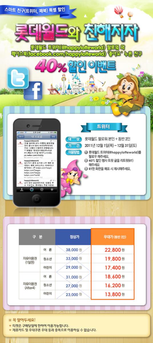 happylotteworld's tweet photo. [12월 롯데월드팔로워40%할인] 크리스마스에 롯데월드에서 특별한 추억만드시라고 팔로워40%이벤트 연장~! 롯데월드트위터 팔로우+이 글 리트윗하신 후 티켓 구입시 보여주세요^^ (~12/31) http://t.co/QVTMagYk