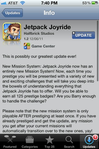 leftoverapple's tweet photo. Awesome update to one of my favorite games Jetpack Joyride http://t.co/cbZuxJ5O