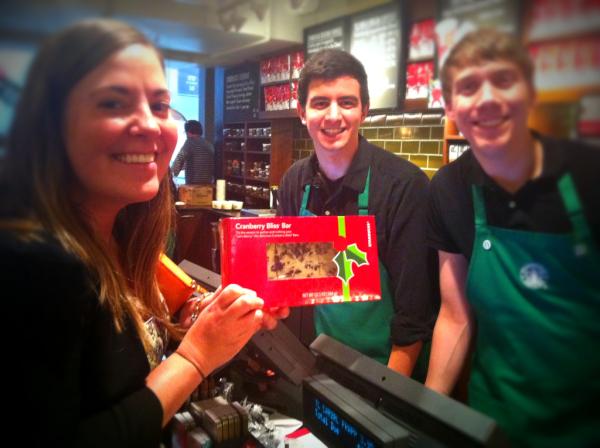 Starbucks's tweet photo. On the 7th day of gifting, 6-packs of Cranberry Bliss Bars are 50% off today! http://t.co/4XZHaQUn #12Days http://t.co/CqsF7iRq