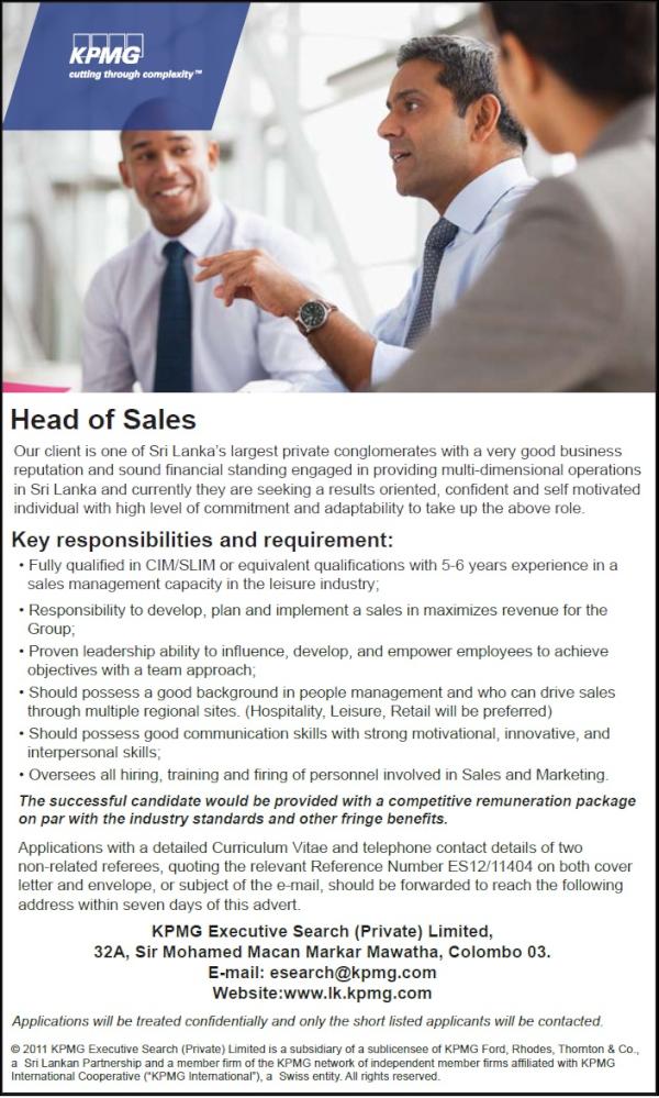 KPMG_ExecSearch's tweet image. #JobOpening Head of Sales topjobs.lk/employer/adver… For more information, please contact us at esearch@kpmg.com