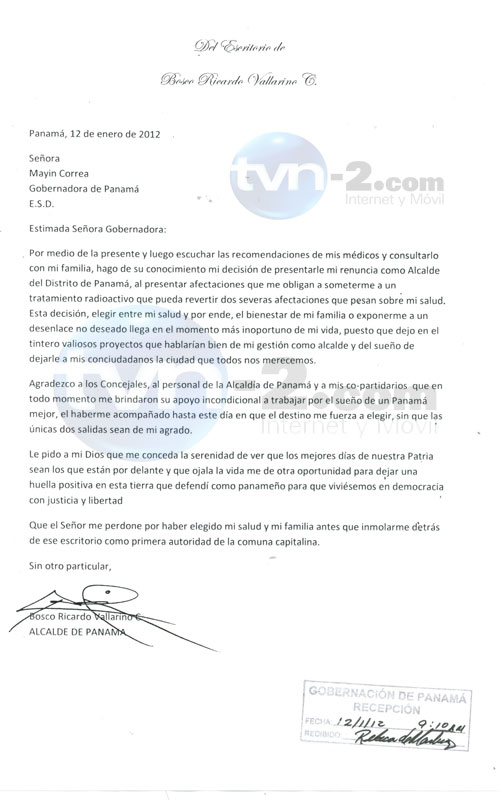 TVN Panamá on Twitter: "FOTO: Carta de Renuncia de Bosco 