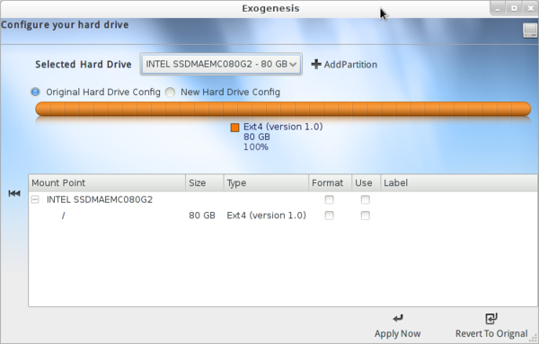 Preobrazhensky's tweet photo. Exogenesis disk partitioning version 2. Two screens, this and add a partition screen. Should be easier now. http://t.co/Cr1GHT7m