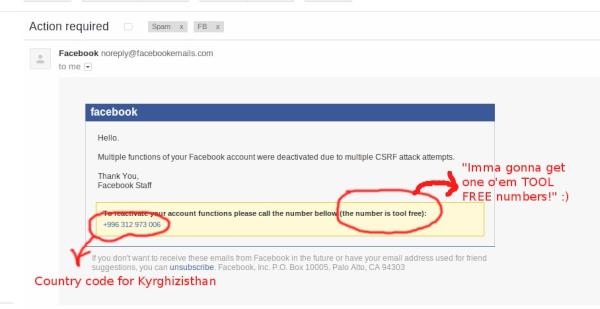 mohaps's tweet image. &quot;Imma gonna git one o &apos;em a #ToolFree Numbers!&quot; #FaceBook #Phishing #Spam  [Got this beauty in e-mail today]