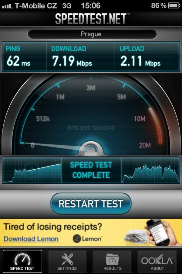 HSPA+ iPhone 4S Tmobile, Praha: 7/2 Mbit/s ... Slusny ;-)