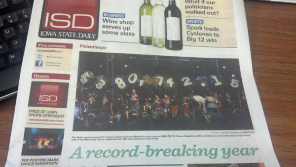 AEMenard's tweet image. I LOVE THIS!! 15 hours. 15 years. $380,742.15! FTK! #frontpageheadline #asitshouldbe @ISUDM @iowastatedaily @IowaStateU