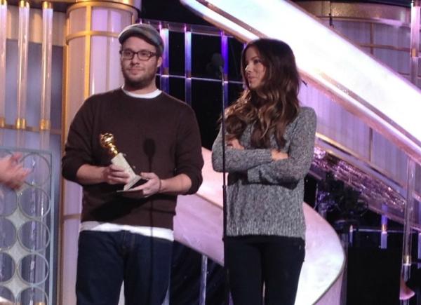 goldenglobes's tweet photo. .@SethRogen and Kate Beckinsale on stage for their #GoldenGlobes rehearsal. http://t.co/PJKv0eiP
