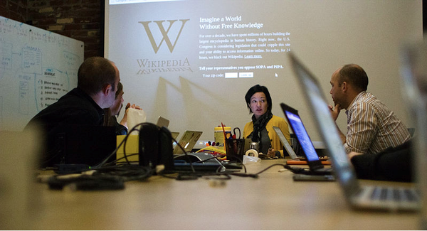 Wikipedia's tweet photo. Working in boiler room as the clock counts down to #wikipediablackout protesting #SOPA #PIPA. http://t.co/rS9Z3Boq http://t.co/4qfrqoLe