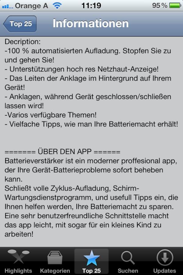 Cocoanetics's tweet photo. We're laughing tears reading the German top-15 app "Batterieverstärker". Artificially inflated sales via fake reviews. http://t.co/zUKiMJGH