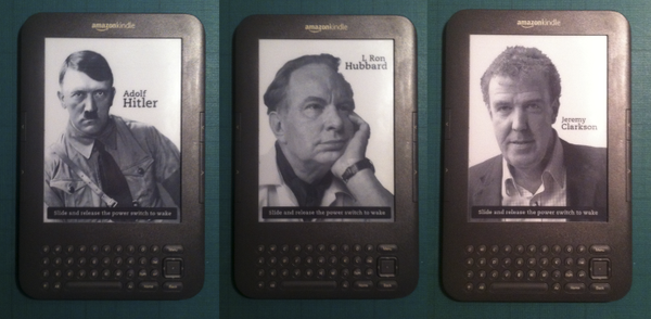 ollymoss's tweet image. My girlfriend left her kindle at my house so I jailbroke it and added some new authors to her screensaver rotation.