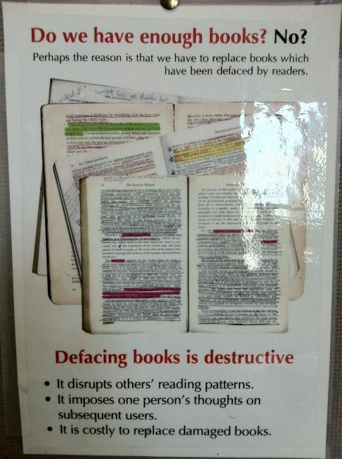 therourke's tweet image. Found in my uni library: Defacing books &quot;imposes one person&apos;s thoughts on subsequent&quot; readers... #MindControlTechniques