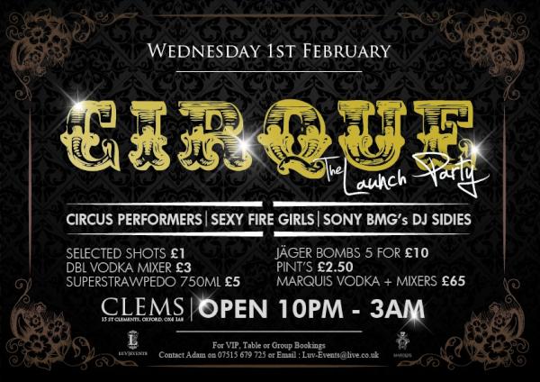 luv_events's tweet photo. CIRQUE AT CLEMS ::::::: LAUNCH PARTY WEDNESDAY 1st FEBRUARY #missitmissout http://t.co/JtRRi6T1