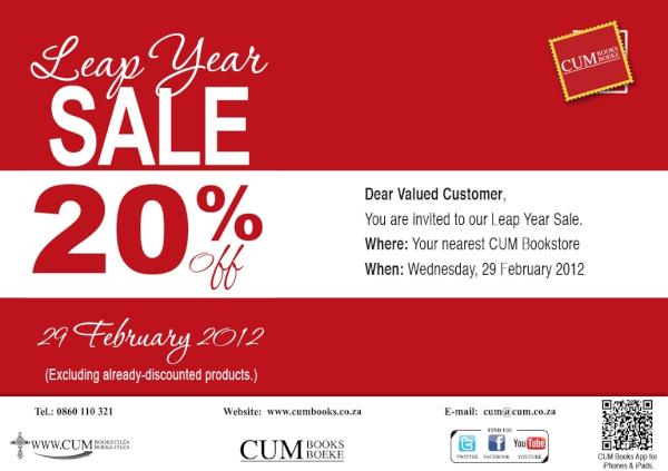 WaterfallMall's tweet photo. Leap Year Sale - 20% off!! Get down to CUM Books! See picture for more details http://t.co/4lIR9toM