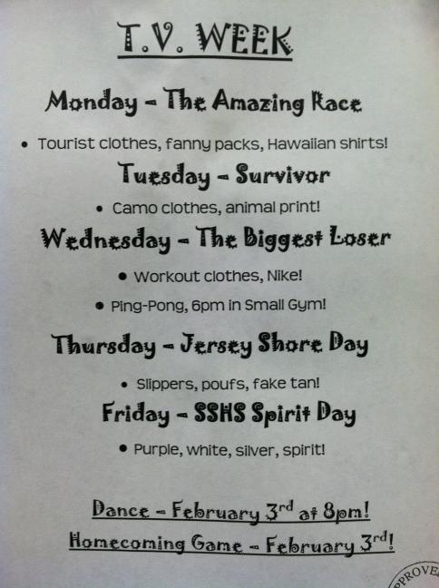 SSHSLeadership's tweet photo. This is the schedule and dress-up days for homecoming next week! :) http://t.co/b7JDcbtK
