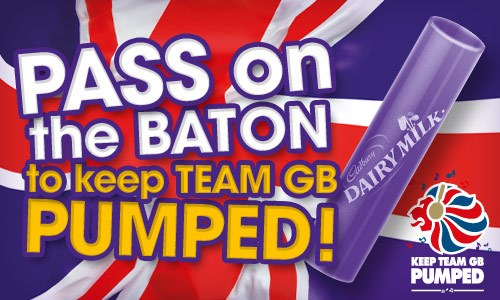 CadburyUK's tweet photo. Cadbury @DairyMilk is helping @TeamGB #KeepPumped - RT this image to pass on the baton of support! http://t.co/glofXwfj