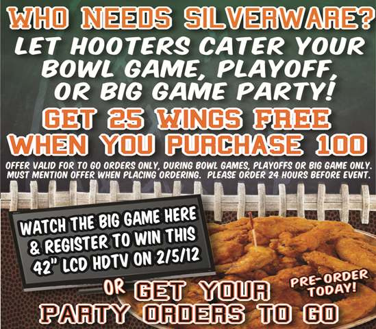 socalhooters's tweet image. The #BigGame's in 1 week. Let #Hooters cater your party &amp; get 25 #FREE #Wings when you buy 100, Championship deal!