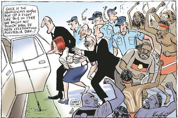 SturrockTom's tweet photo. Check out this disastrous cartoon published in the Herald Sun following the #AustraliaDay riots. Incredibly tone-deaf. http://t.co/YSrm4yuO