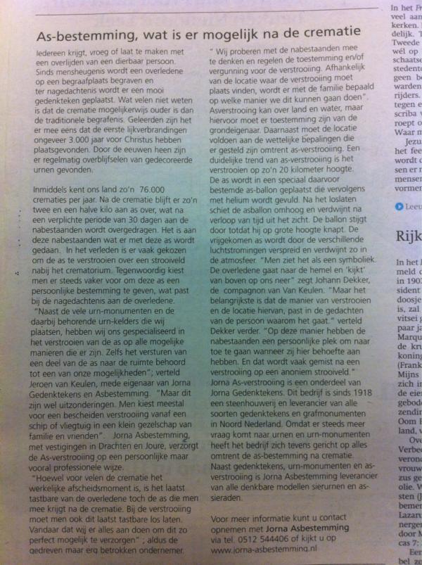 Vandaag in het Friesch Dagblad. Jorna Asbestemming, wat is er mogelijk na de crematie. Please retweet