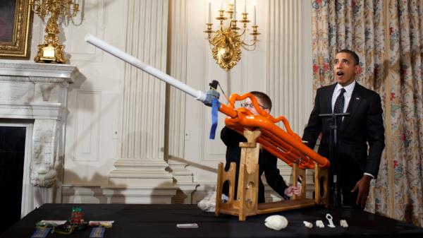 Relive44's tweet photo. Photo: President Obama demos @Joey_Hudy's Extreme Marshmallow Cannon @ the #WHScienceFair https://t.co/Oy6HICZlEk https://t.co/8KvJxpPEEg