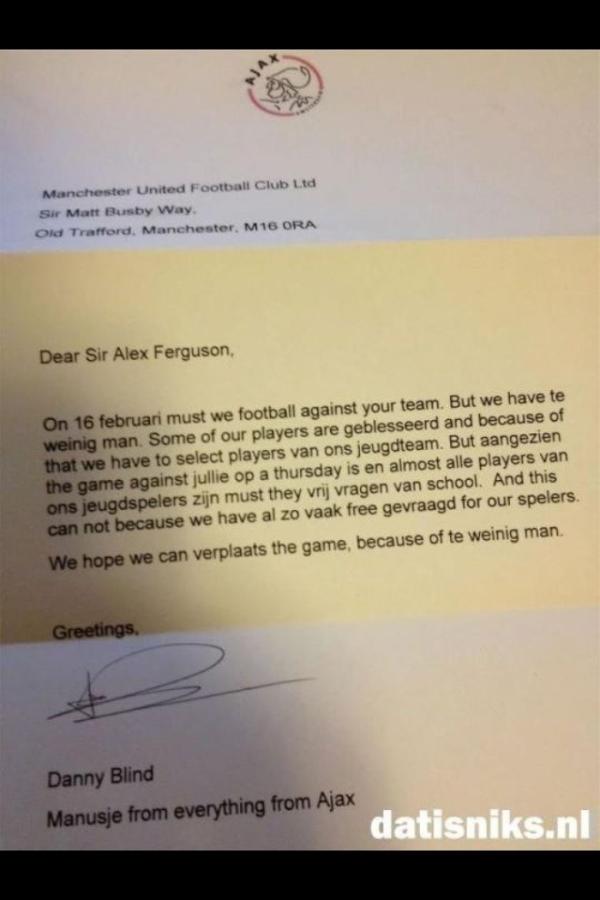 JoostDijkgraaf's tweet photo. Hilarische nepbrief van Ajax aan Man. United. 'We have te weinig man' http://t.co/r3Ea4EW9