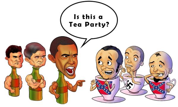 ARPoster's tweet image. Is this a Tea Party?-Poster showing Obama confronting Tea Party (cups). Buy it here: bit.ly/wcJOrC