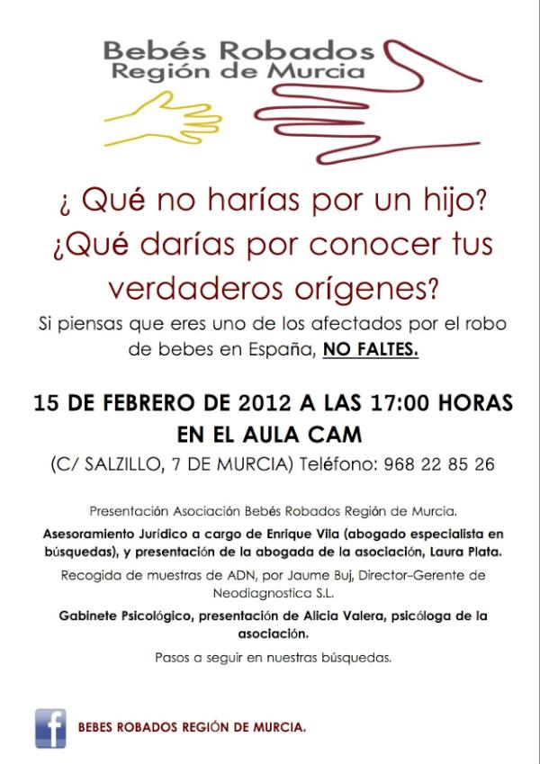 mariagv's tweet photo. RT @Inesmadrigal @mariagv Solicito un RT p la reunión Bebés Robados Región de Murcia, día 15/02... http://t.co/P2i75MrU