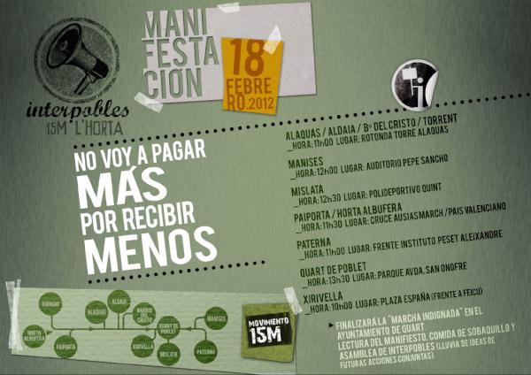 Interpobles15mL's tweet photo. INTERPOBLES 15M L´HORTA_Mani 18 Febrero. En contra de la subida de la TAMER y de los recortes en los S. Públicos http://t.co/cjhj0rdY