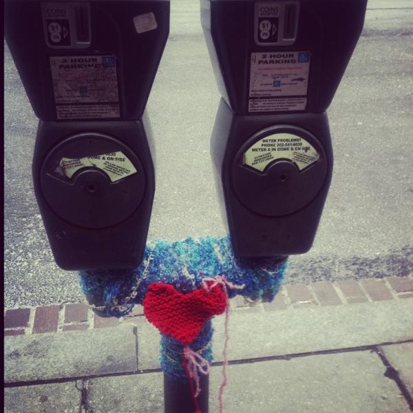 MLKinDC's tweet image. Valentine's Day yarn graffiti is knitted all over Dupont Circle this morning #DC