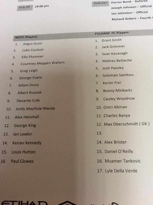 FulhamFC's tweet photo. Both lineups #ffcvmcfc http://t.co/vCjTTk8a