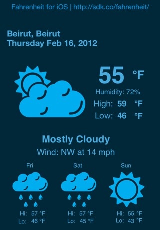 Simons65's tweet image. Currently Mostly Cloudy &amp; 55 degrees in Beirut, Beirut using Fahrenheit for iOS. sdk.co/fahrenheit/