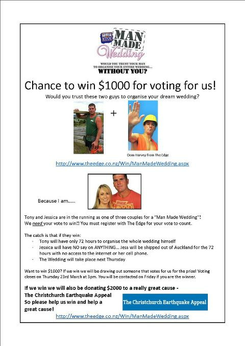 JessBeetham's tweet photo. Want to win $1000? Vote Jessica & Tony http://t.co/ka3AJscr​ManMadeWedding.aspx dont forget to login for vote to count! http://t.co/YvDRd46F