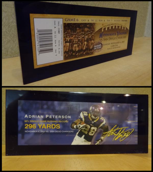 VikingsPromos's tweet photo. Today's Giveaway: Acrylic ticket from Adrian's 296 yd game in 2007. We'll pick 2 winners who retweet this message! http://t.co/5tBLi8rh