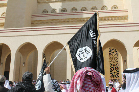 M_Alshaikh's tweet photo. AlQaeda flag being raised at a AlKhalifa rally in #Bahrain! Qaeda/Khalifa,its all the same,terrorists! @14FebRevolution http://t.co/Ql93SyLw