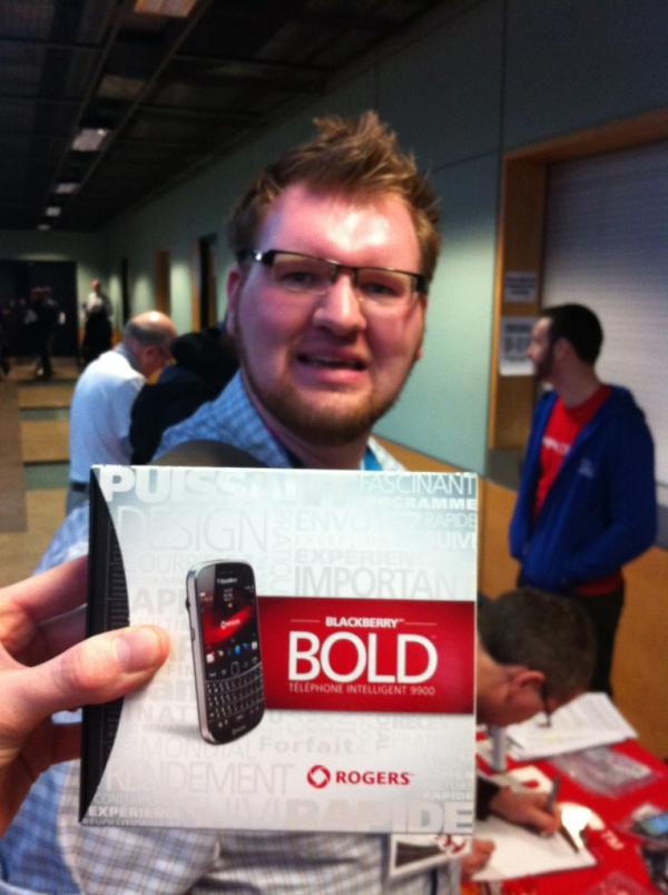 pylawn's tweet image. Haha @jerw won a Blackberry at #pcto2012. He looks so happy about it.