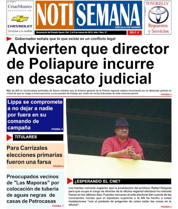 ApureEsNoticia's tweet photo. Portada del Semanario Notisemana. Destaca el posible nombramiento de Rafael Delgado como Director del CNE #Apure http://t.co/h3G9zO7s