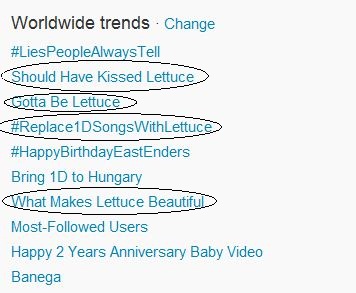 These trends worldwide after Harry said on The Hits Radio that a fan gave him a LETTUCE.. DJ Harry #1DHQHarry (2-20-12)