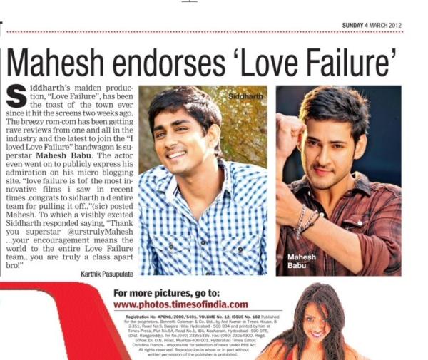 __LoveFailure__'s tweet photo. @urstrulyMahesh endorses #loveFailure   Thankyou @sash041075 @directormbalaji @MusicThaman @Actor_Siddharth @Amala_ams http://t.co/K8au984T