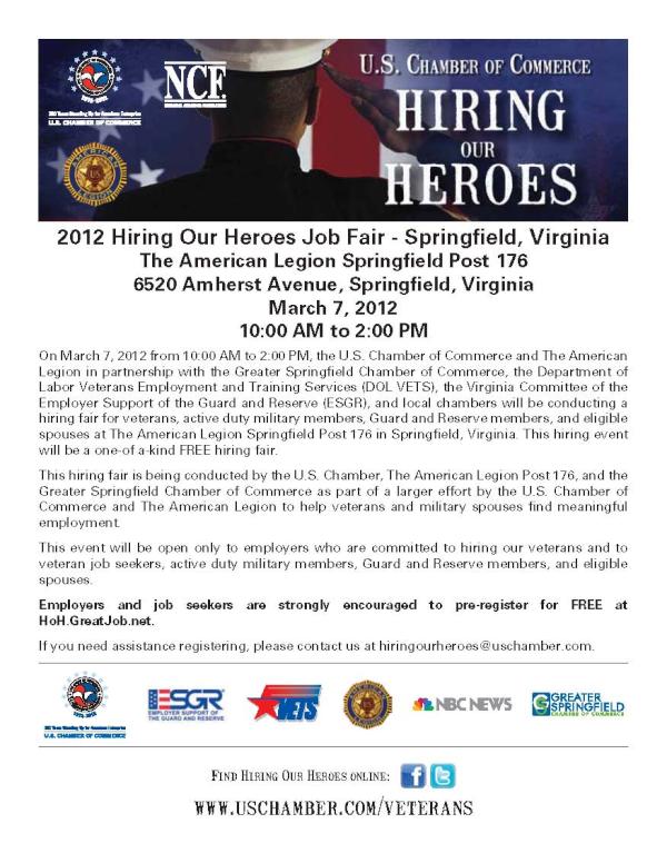 On Wed. the @uschamber & @AmericanLegion will partner with @VA_ESGR in #Springfield, VA for a #MilitaryJobFair.