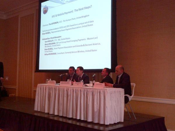 MastercardNews's tweet photo. #MasterCard's Mario Shiliashki and panelists discuss the future of #NFC and #MobilePayments at #CartesNA: http://t.co/Dcmc2jYr