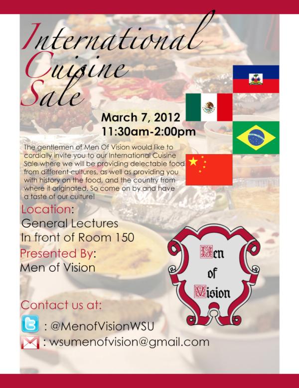 International Cuisine Sale, Wednesday, be sure to stop by! #menofvision #waynestate #detroit