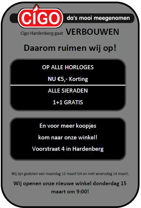 Wij gaan verbouwen dus ruimen onze winkel op! Horloges €5,- korting, alle sieraden 1+1 gratis en nog veel meer koopjes!