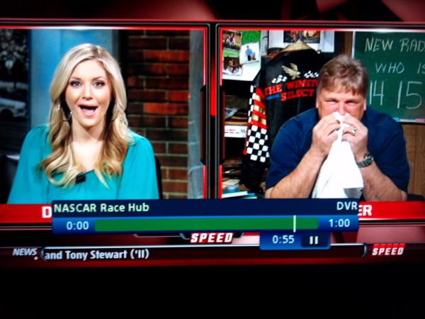 JackBilby's tweet photo. @DanielleTrotta doing a great "take" on @RaceHub in responce to @MrE_Spencer's concern over poor Brian Pattie. #Nascar http://t.co/zML7bkZD