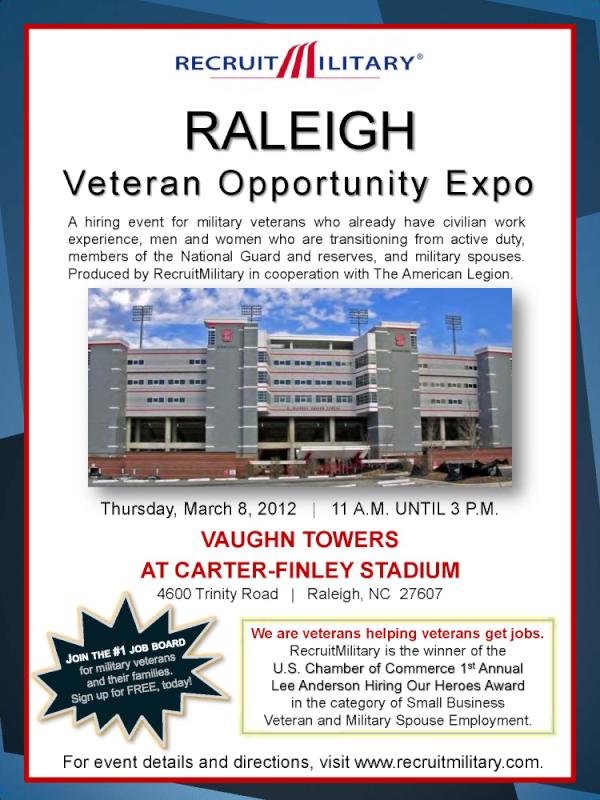 In #Raleigh, a #MilitaryJobFair with @AmericanLegion @RecruitMilitary @NC_ESGR Info: recruitmilitary.com