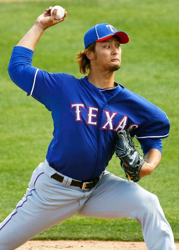 Rangers's tweet photo. Making his #SpringTraining debut, Yu Darvish allowed 2 hits over 2 scoreless innings. He struck out 3 Padres. http://t.co/cGNjgGSF