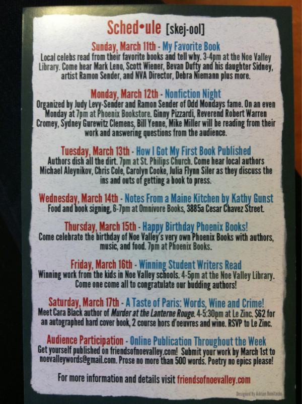 FriendsOfNoe's tweet image. A week of book, author, literary love events kick off today. It&apos;s #NoeValley #WordWeek. Schedule is in the image!