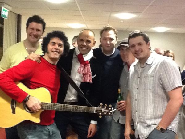BBCScrumV's tweet photo. @jasonmbbc rocking out with the boys backstage in the ScrumVIP area #imwiththeband #greatscarf http://t.co/rxmzUe4S