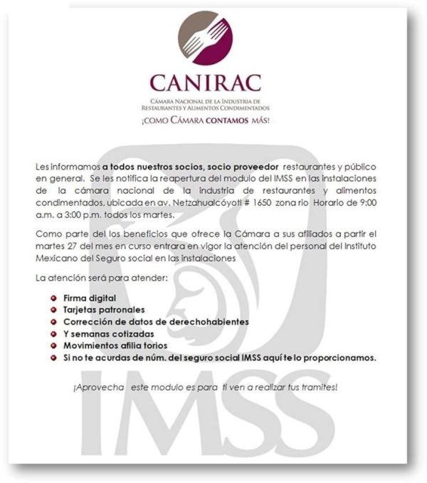 CaniracTJ's tweet photo. Se les notifica la reapertura del modulo del IMSS en las instalaciones de la CANIRAC. http://t.co/ZUt1CuIb