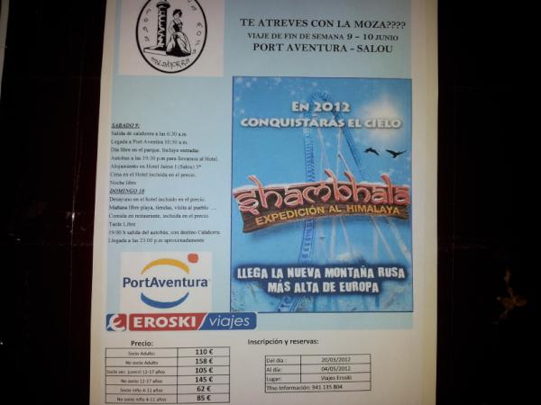 La peña la moza, organiza un viaje a port aventura, haciendo noche en salou, para el 9 y 10 d junio.