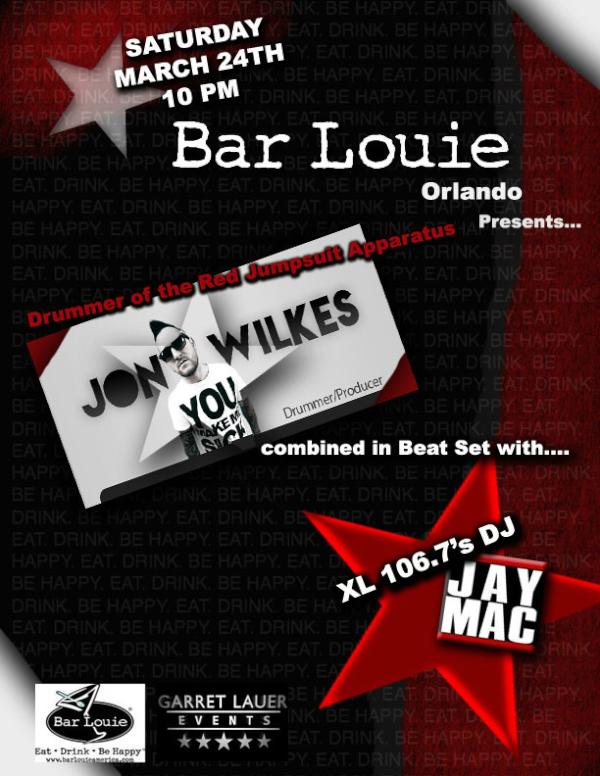 This Sat. Nite <a href="/BarLouieOrlando/">Bar Louie Orlando</a> in conjunction with <a href="/GARRETLAUER/">GARRET LAUER</a> and <a href="/Jonwilkes/">KOU(Kingdom Of Us)</a> at 10pm A killer drum and beat set.FREE